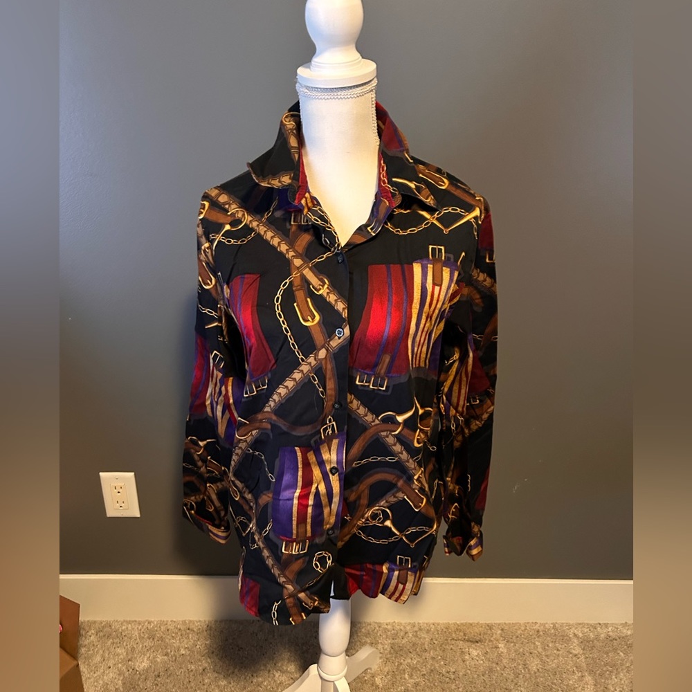 Ralph Lauren equestrian, print, vintage blouse, size large.